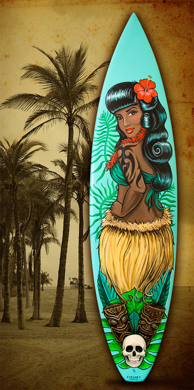 Hawaiin pin up painted surfboard