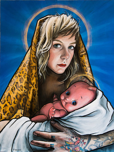 Tattooed mother Mary acrylic portrait painting