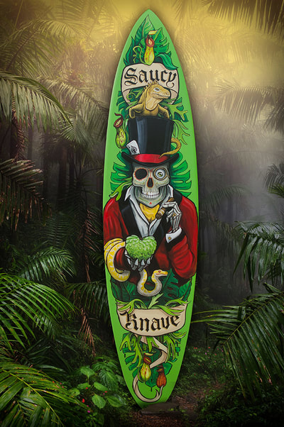 Saucy Knave hand-painted surfboard art