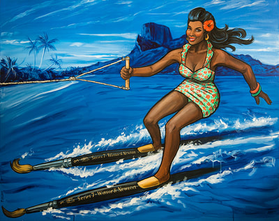 Pin up girl water skiing on paint brushes