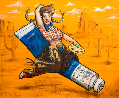 Pin up girl riding a Windsor & Newton paint tube 