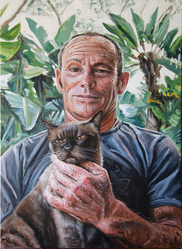 Acrylic portrait painting of surfer Tom Carroll holding his cat Chino