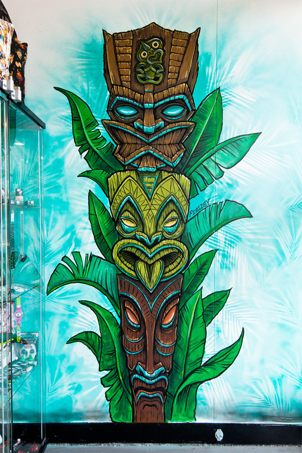 Tiki Totem street art mural at Red Stripe Clothing