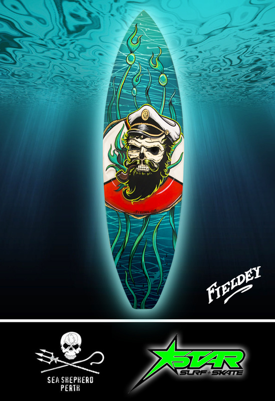 Painted surfboard for Sea Shepherd