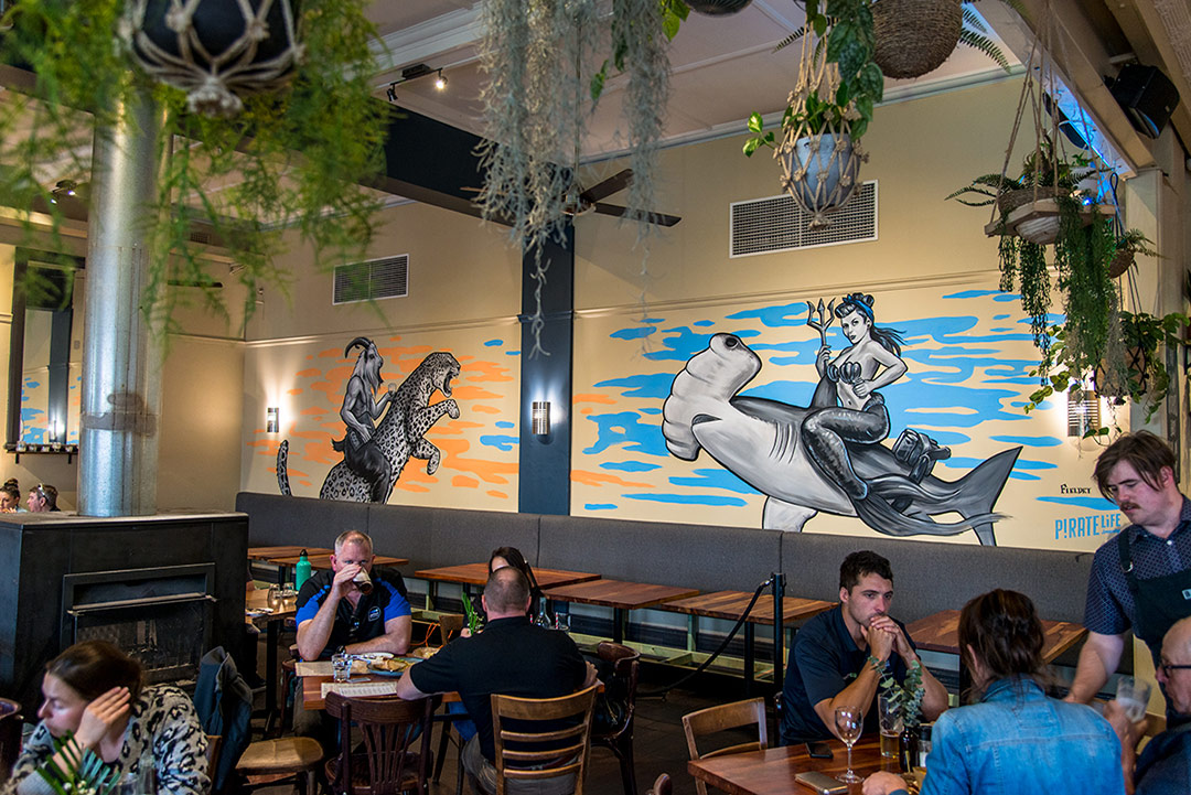 Two internal street art murals painted at The Balmoral Hotel, Perth