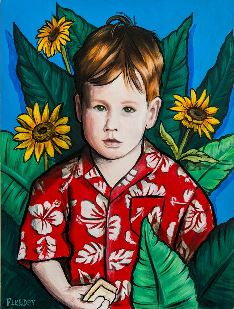 A commissioned acrylic portrait of a small boy with sunflowers 