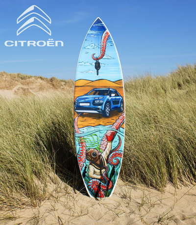 Custom surfboard art decals for Citroën and Rip Curl