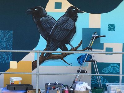 Black crows painting as part of the Fieldey collaboration with MSH and Stocklands Bullcreek