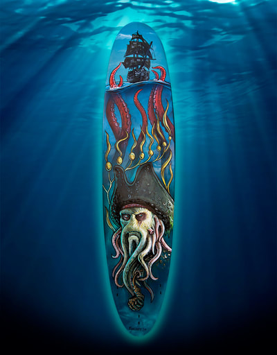 Davey Jones, Pirates of the Caribbean painted surfboard