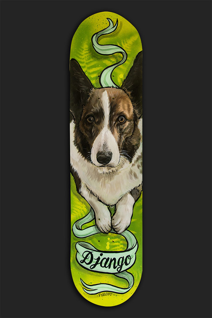 Corgi portrait painted on a skateboard deck