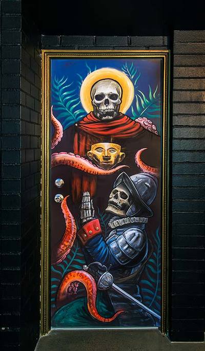 Custom painted door with skull and conquistador
