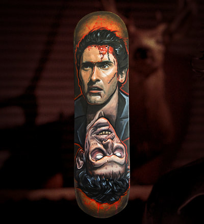 Ash from Evil Dead II hand-painted skateboard artwork