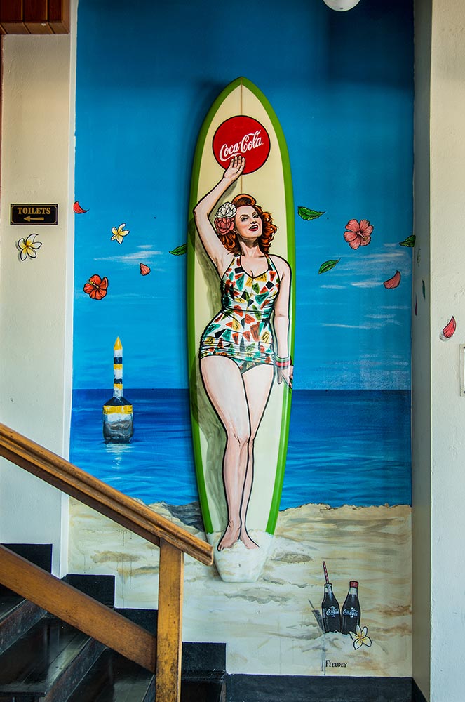 Custom pin up gidget girl surfboard and street art mural