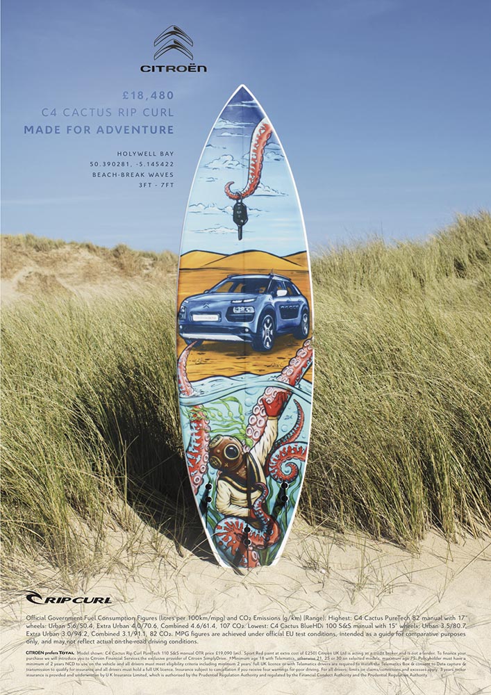 Fieldey surfboard artwork used in an advertisement for Citroen and Ripcurl 