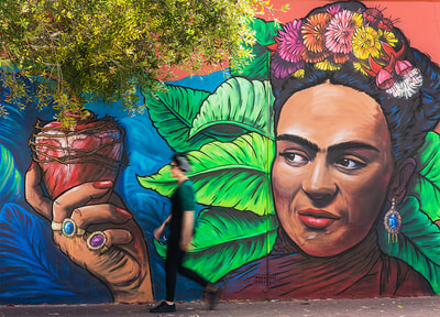 Frida Kahlo exterior mural for Santa Fe Restaurant, Perth, Australia painted with Erica Pearce.