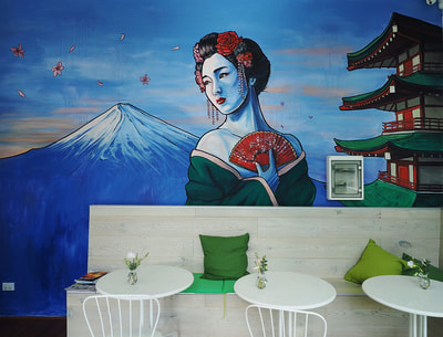 Japanese geisha girl interior street art mural for Bonsai Cafe, Perth