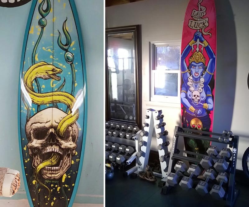 Custom surfboard art for home gym