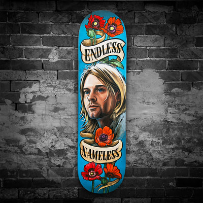 Kurt Cobain painted skateboard artwork