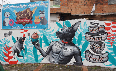 "Let Them Eat Cake" exterior street art mural for Panaderia Canina, Bogotá, Colombia
