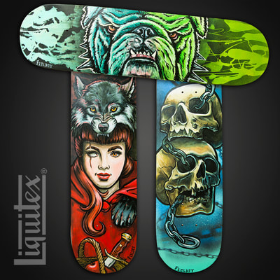 Painted skateboards for Liquitex Paints