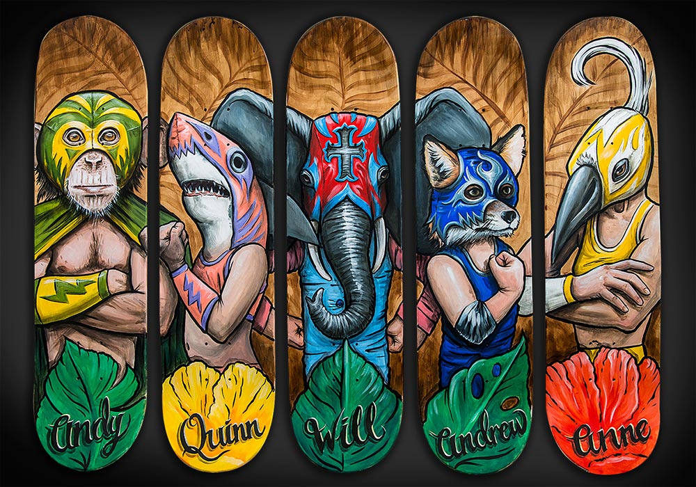 A family of Mexican Wrestling Luchador Animals painted onto skateboards