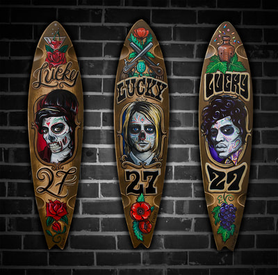 Amy Winehouse, Kurt Cobain and Jimmi Hendrix Lucky 27 skateboard artworks