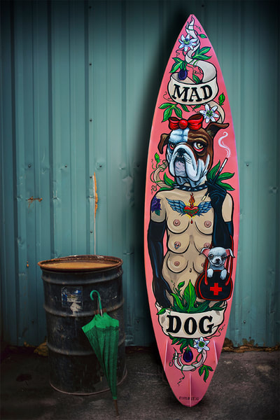 Mad Dog, painted surfboard