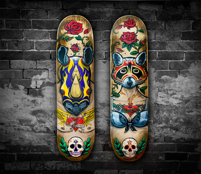 Mexican wrestling animals painted on skateboards
