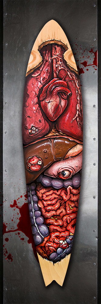 Digestive system artwork on a skateboard