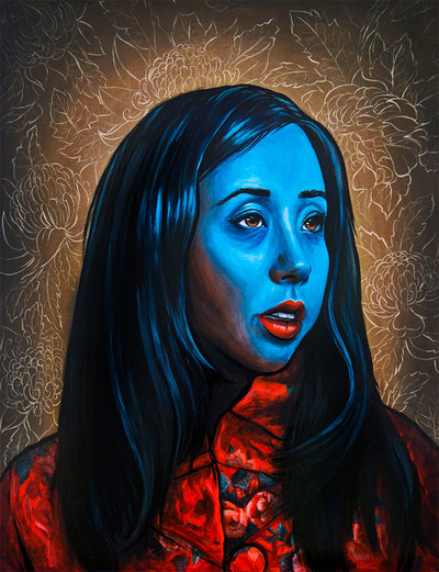 Turquoise asian girl acrylic portrait painting