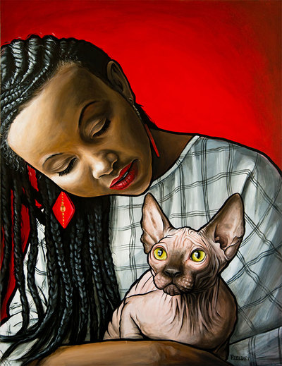 Black girl with hairless cat portrait painted with acrylic paint
