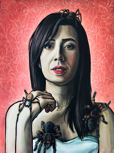 Acrylic portrait painting of an Iranian girl with spiders on her