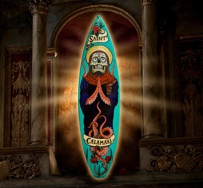 Saint Calamari painted surfboard