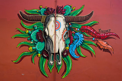 Cow skull exterior street art mural