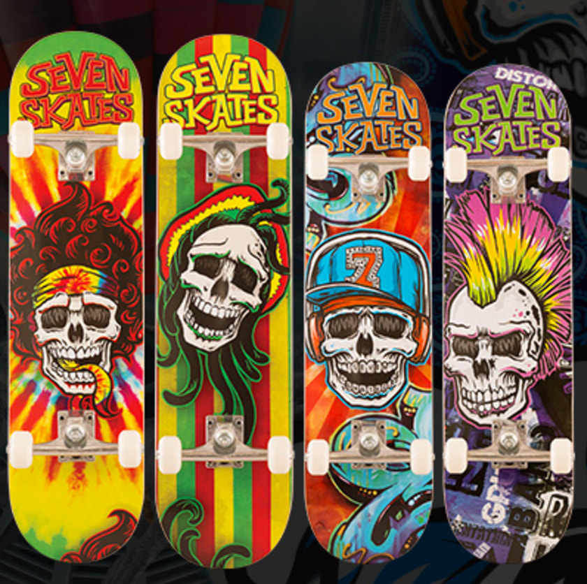 Skull range of skateboard deck graphics for Seven Skates