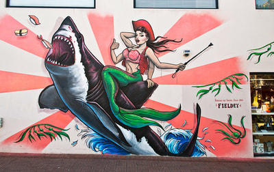"Jumping the Shark" exterior street art mural for FORM, Victoria Park, Perth, Western Australia