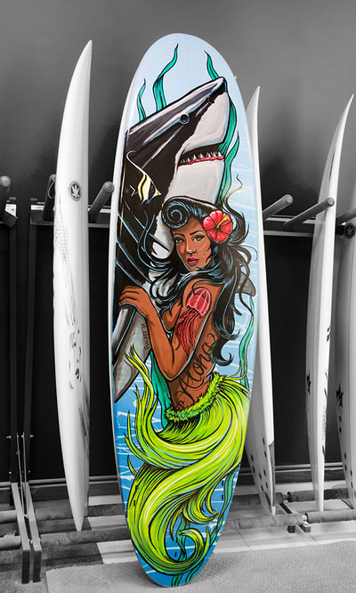 Mermaid and shark custom surfboard
