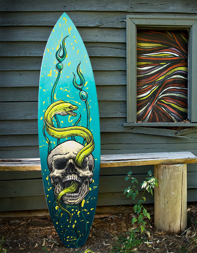 "Skulls and Eels" painted surfboard