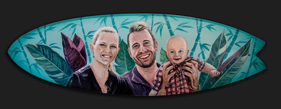 Hand-painted family portrait on a custom-shaped fish surfboard