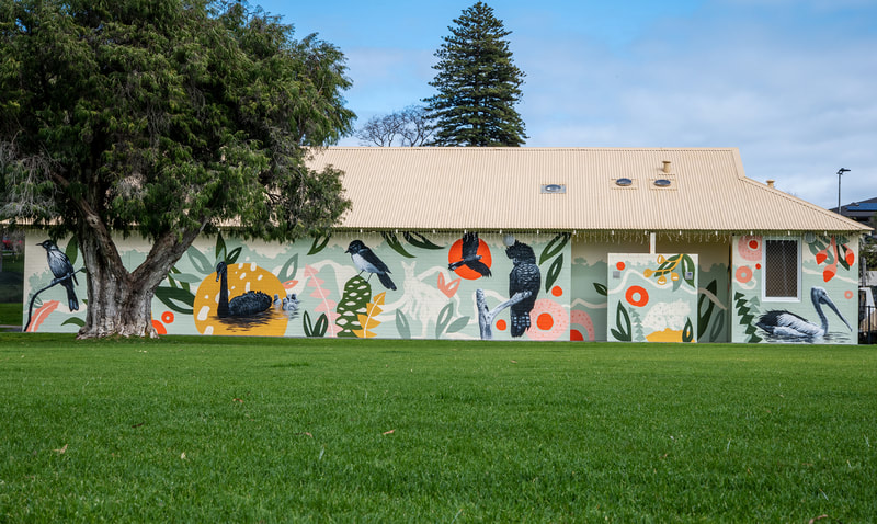 Mural for Peppermint Grove featuring native birds and animals
